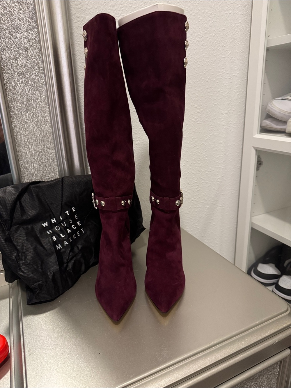 White House Black Market Burgundy Over-the-Knee Suede Boots with Studded Strap